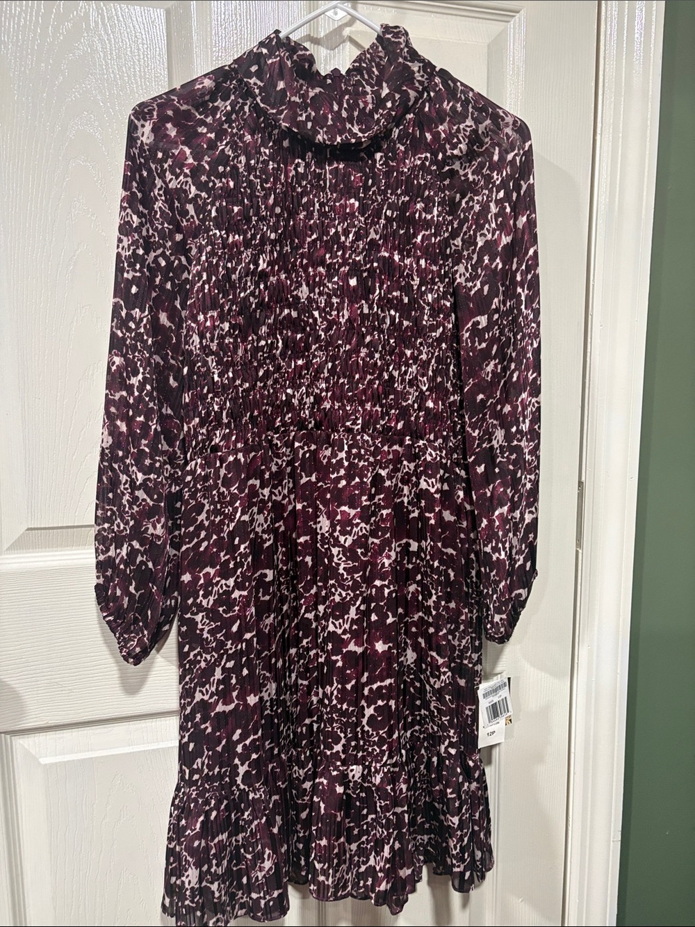 Taylor Burgundy and White Printed Long Sleeve Ruffle Dress